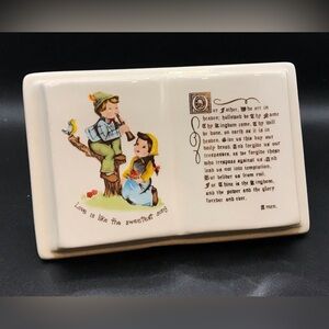 Vintage Ceramic Book W Lords Prayer and 2 Children Religious